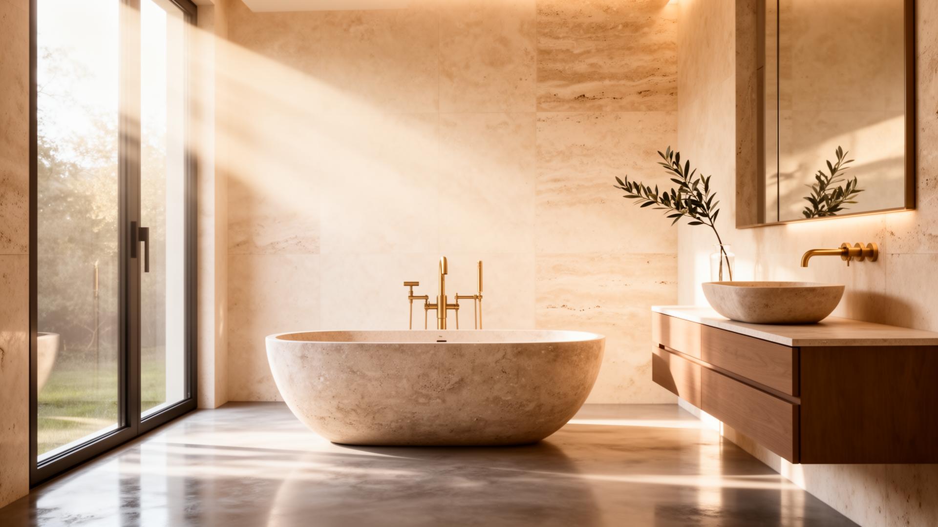 Modern travertine bathroom with freestanding stone bath and brushed brass fixtures